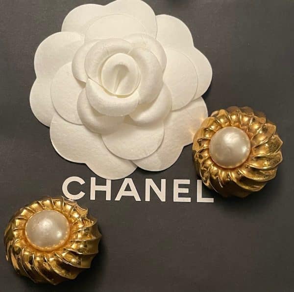 chanel vintage pearl & gold round sphere earrings by coco chanel w/box c.1960s