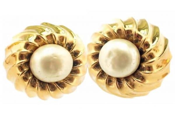 chanel vintage pearl & gold round sphere earrings by coco chanel w/box c.1960s