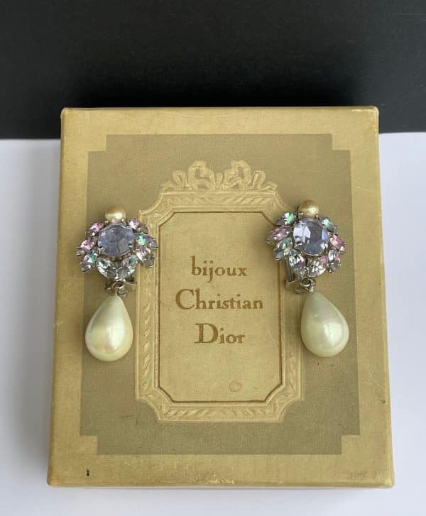 christian dior vintage crystal flower pearl drop dangle earrings rare 1958 w/box