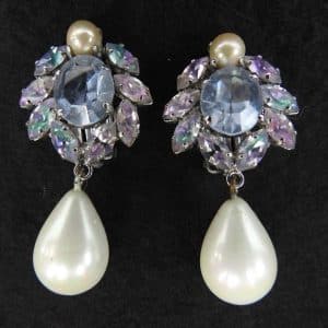 christian dior vintage crystal flower pearl drop dangle earrings rare c.1960s w/box