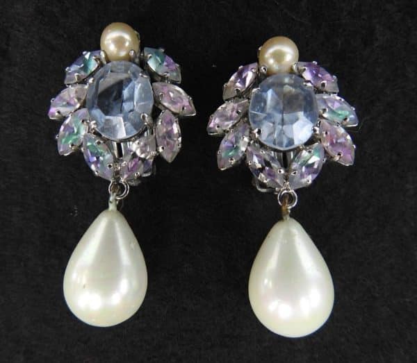 christian dior vintage crystal flower pearl drop dangle earrings rare c.1960s w/box