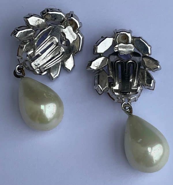 christian dior vintage crystal flower pearl drop dangle earrings rare 1958 w/box