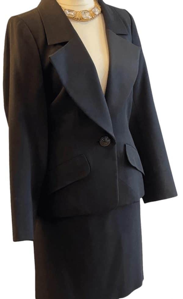 yves saint laurent vintage black smoking blazer skirt suit satin trimmed c.1980s