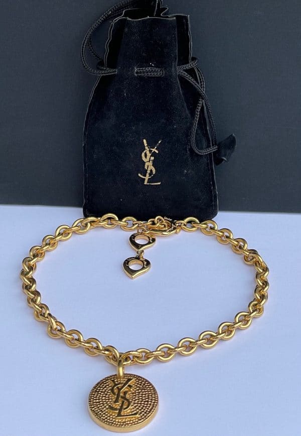 yves saint laurent vintage chain necklace ysl logo pendant medallion & hearts c.1990