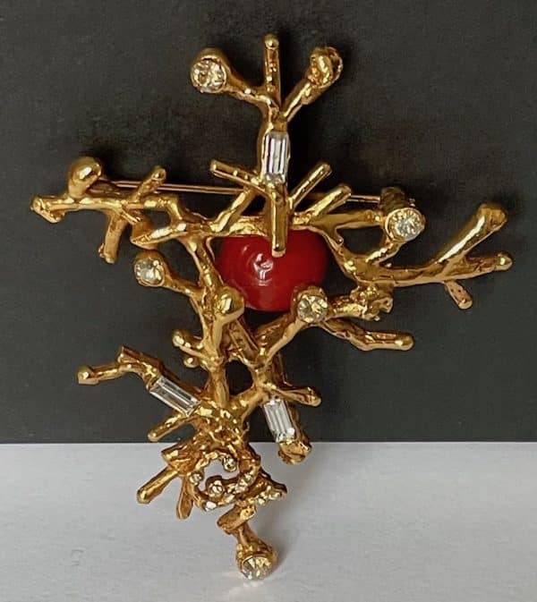 christian lacroix 1990s gold coral branch crystal & red statement brooch