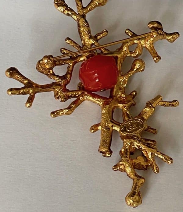 christian lacroix 1990s gold coral branch crystal & red statement brooch