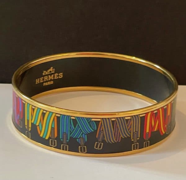 hermÈs 1976 large bracelet multi "sangles straps' print 18k gold plated vintage w/box