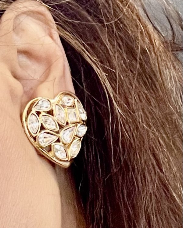 yves saint laurent heart shaped earrings gilded diamenté haute couture by robert goossens 1983