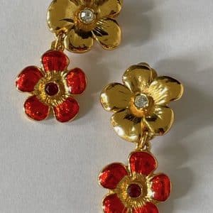 yves saint laurent ysl vintage drop pendant flower gold & red earrings 1980