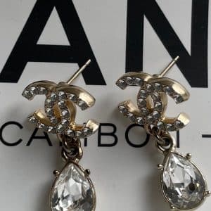 chanel cc logo crystals tear drop dangle earrings gold