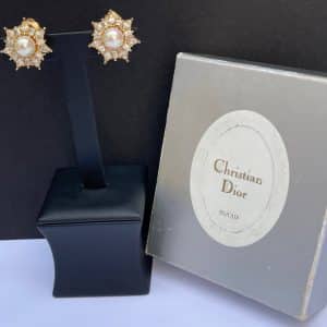 christian dior vintage clip on flower pearl & crystal earrings c.1980