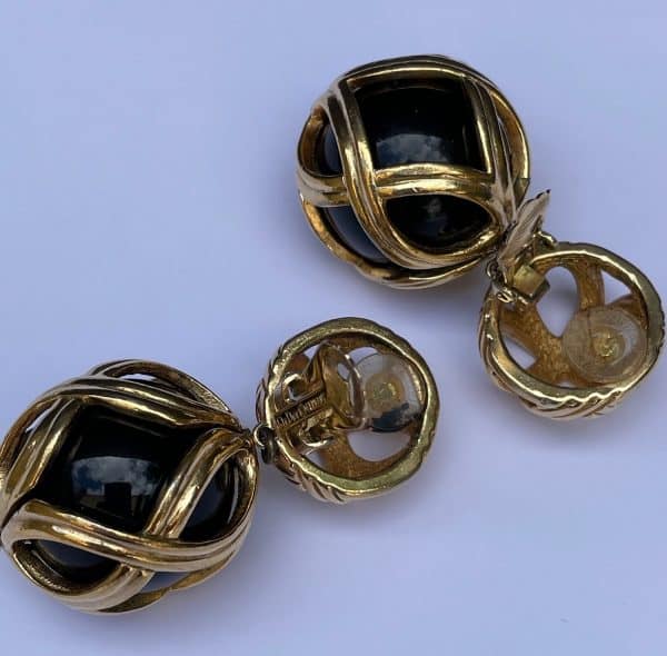 christian dior vintage drop dangling sphere ball earrings gold black c.1980