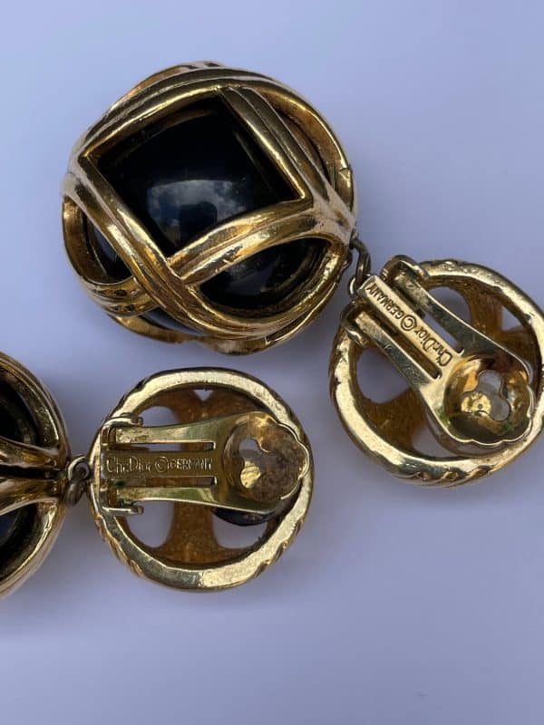christian dior vintage drop dangling sphere ball earrings gold black c.1980