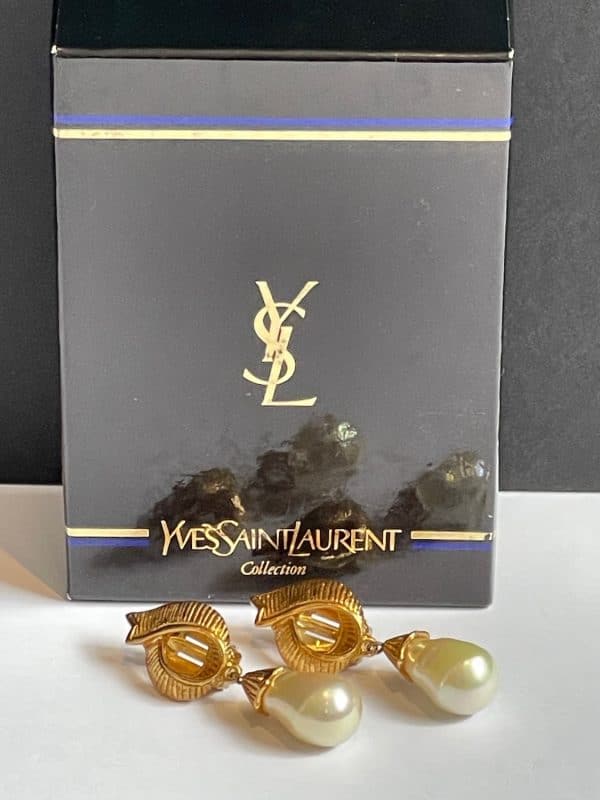 yves saint laurent ysl vintage gold & pearl drop dangling earrings c.1980s