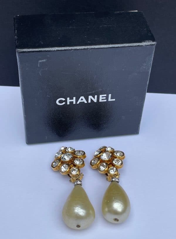 chanel vintage baroque pearl drop & lozenge diamente cabochons earrings c.1971 w/box