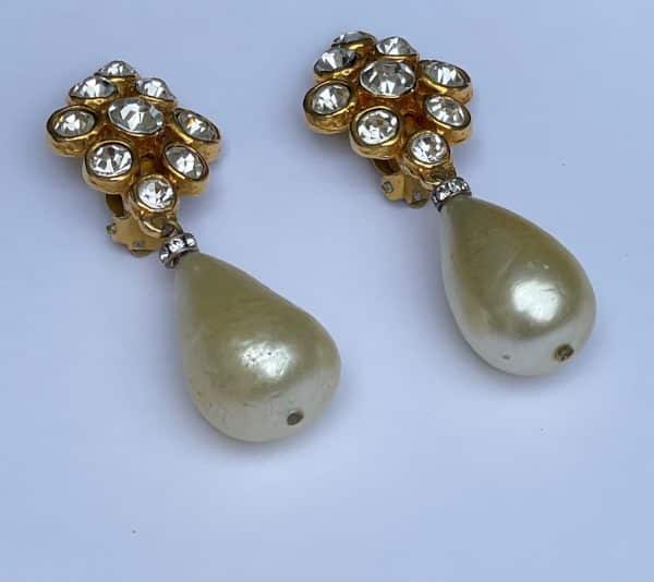chanel vintage baroque pearl drop & lozenge diamente cabochons earrings c.1971 w/box