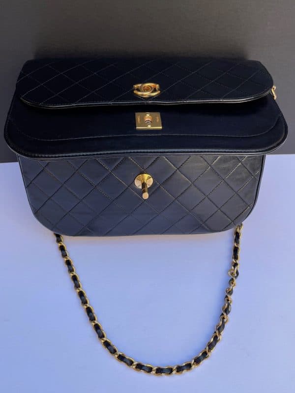 chanel vintage timeless quilted double flap leather shoulder black bag c.1980s w/box
