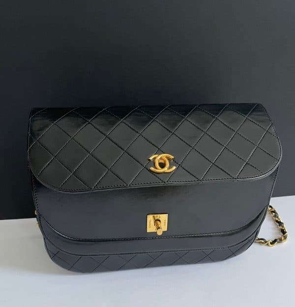 chanel vintage timeless quilted double flap leather shoulder black bag c.1980s w/box