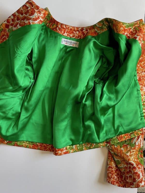 yves saint laurent silk brocade lamé jacket floral skirt suit runway 1989