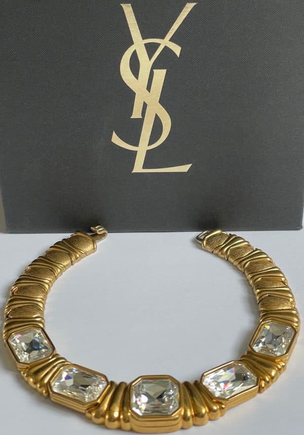 yves saint laurent vintage gold plated emerald crystal necklace c.1980