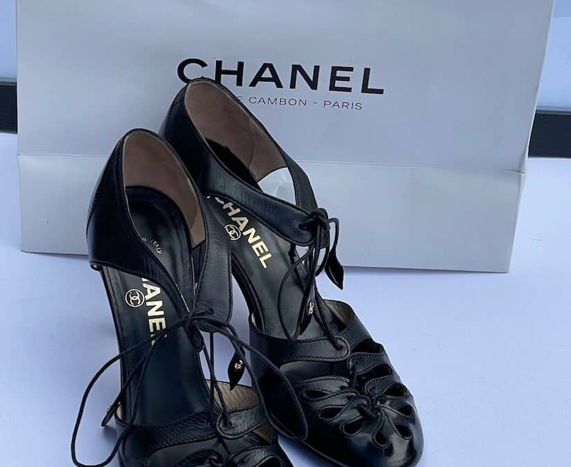 CHANEL Black Lace Strap Heels Patent & Leather Shoes