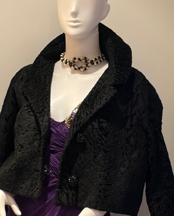christian dior astrakhan fur black wrap flared coat c.1950s