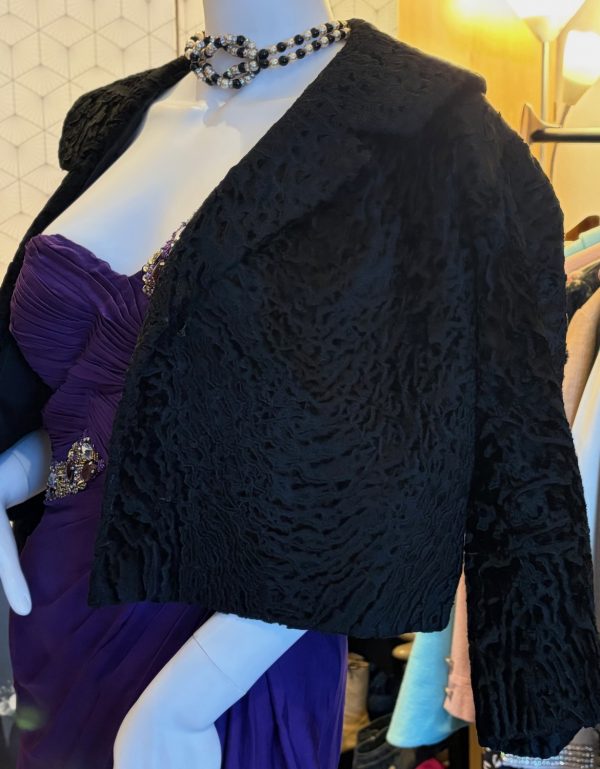 christian dior astrakhan fur black wrap flared coat c.1950s