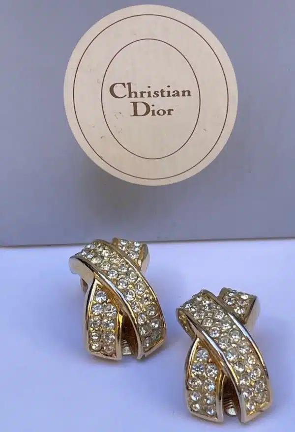CHRISTIAN DIOR Vintage Criss-Cross Clip-On Crystals Earrings C.1980s