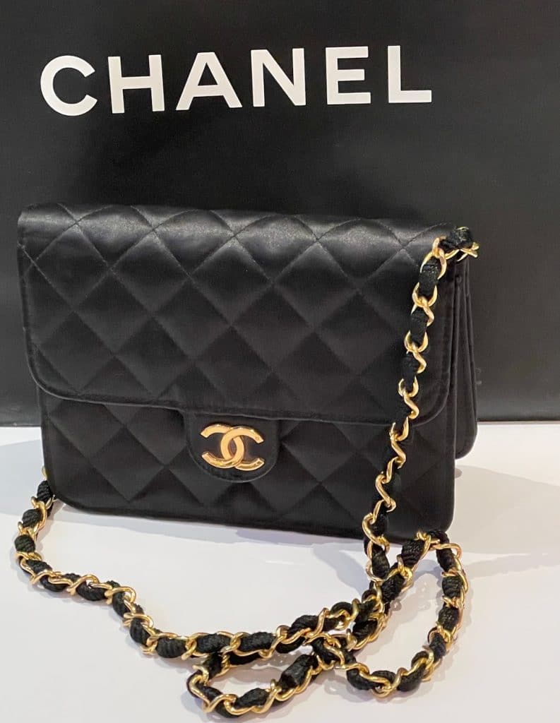 CHANEL Vintage Satin Black Mini Square Flap Bag 24K Gold C.1989