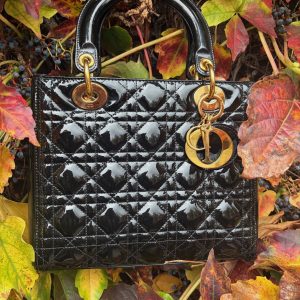christian dior medium lady dior bag black patent cannage calfskin w/box