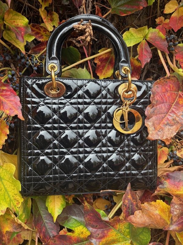 christian dior medium lady dior bag black patent cannage calfskin w/box