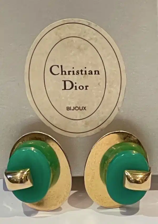 CHRISTIAN DIOR Vintage Art Deco Oval Gold & Green Earrings 1971
