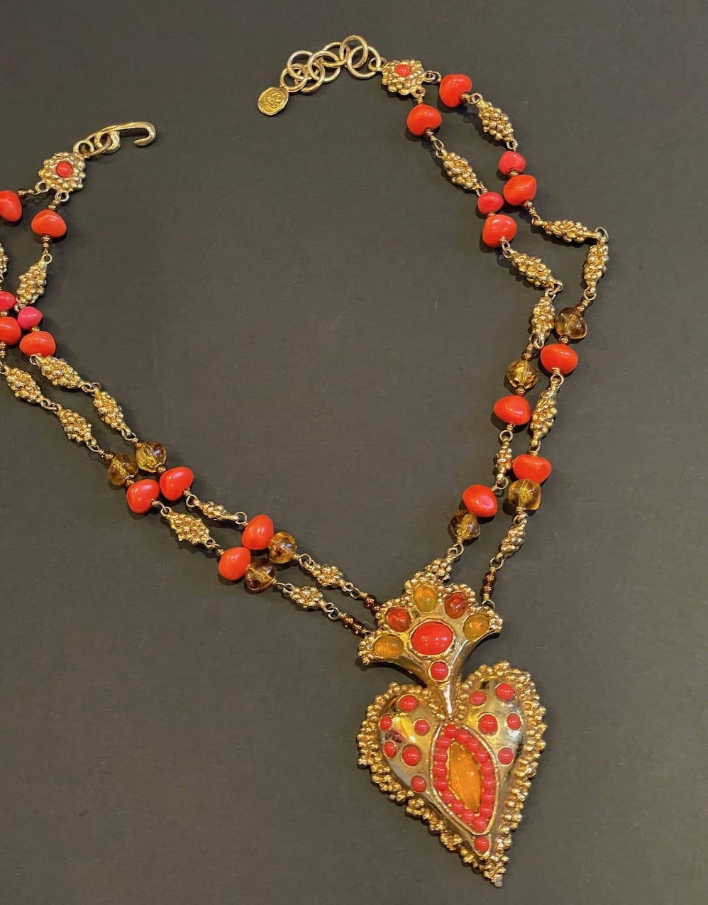 CHRISTIAN LACROIX Vintage Couture Orange Coral Beads Heart