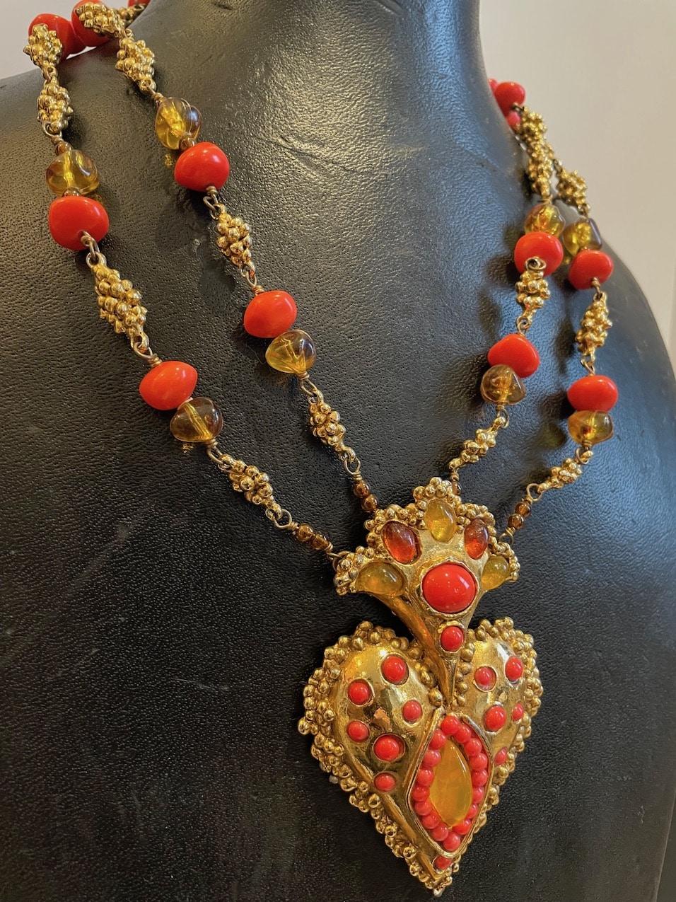 christian lacroix vintage couture orange coral beads heart necklace c.1990s
