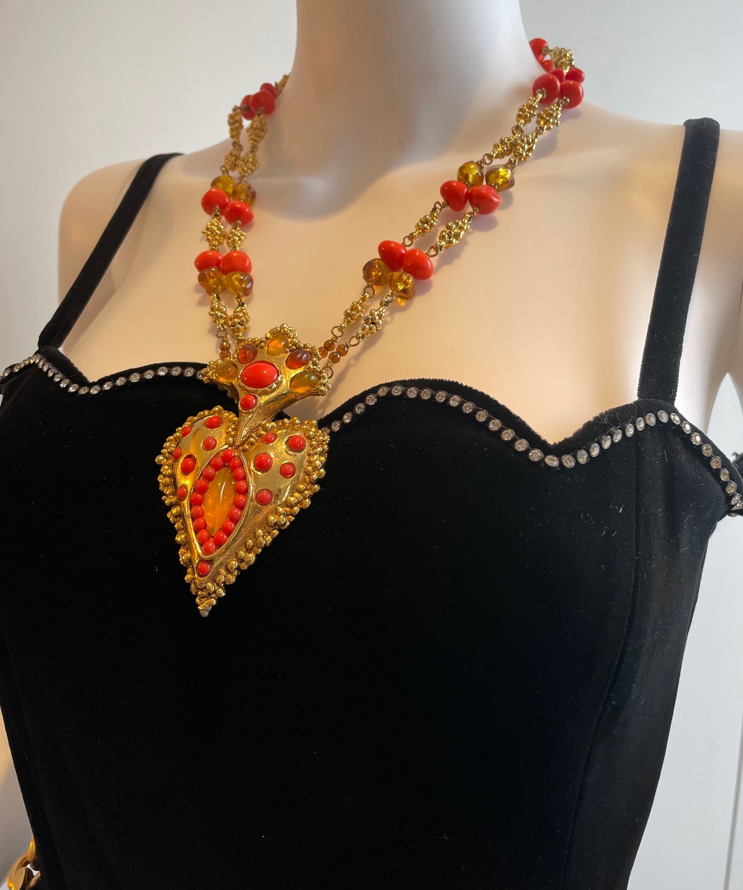 christian lacroix vintage couture orange coral beads heart necklace c.1990s