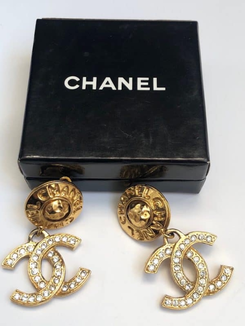 chanel vintage cc logo crystal round chanel letters dangle drop clip earrings c.1980s w/box