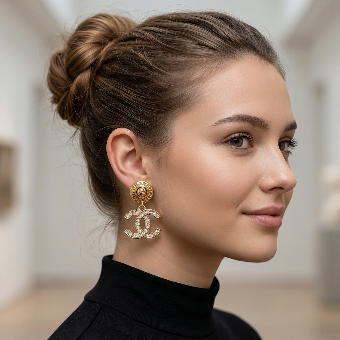 chanel vintage cc logo crystal round chanel letters dangle drop clip earrings c.1980s w/box