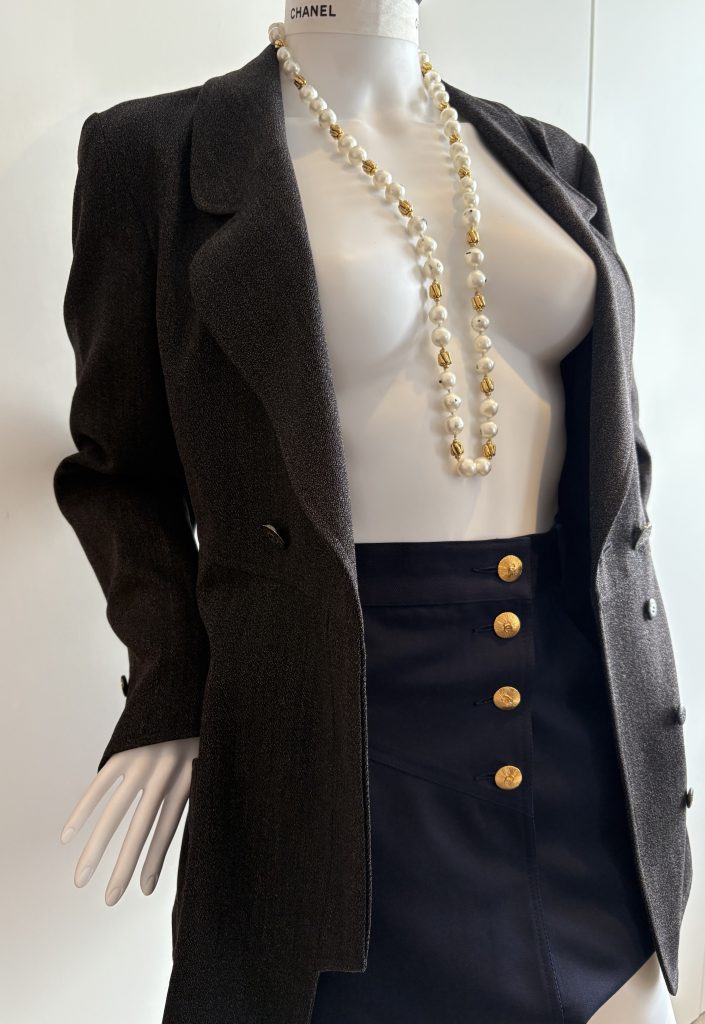 CHANEL Vintage Fall 1997 Grey Wool Double Breasted Jacket CC Logo