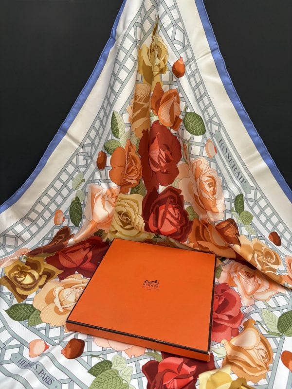 hermÈs vintage silk scarf roseraie by christiane vauzelles grey red multi 1990 w/box