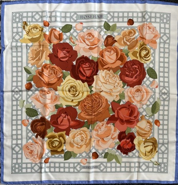 hermÈs vintage silk scarf roseraie by christiane vauzelles grey red multi 1990 w/box