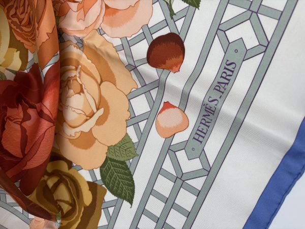 hermÈs vintage silk scarf roseraie by christiane vauzelles grey red multi 1990 w/box