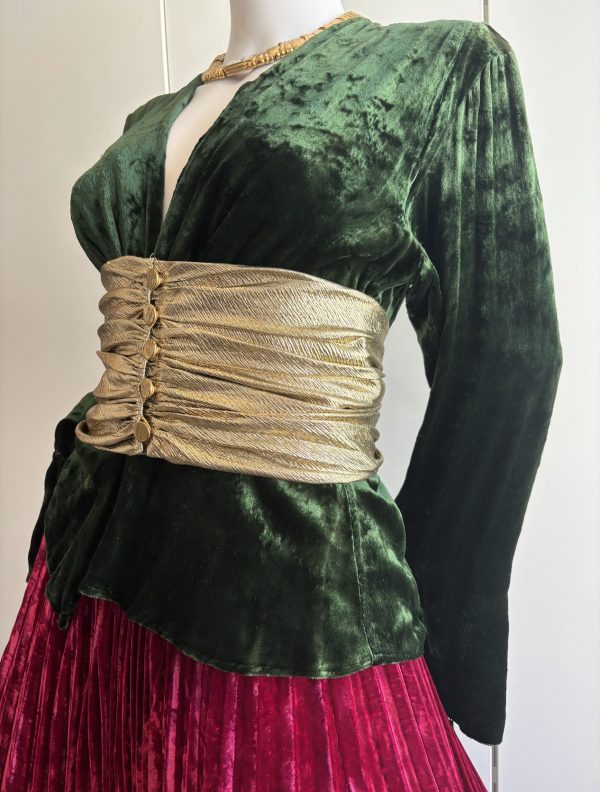 yves saint laurent vintage russian collection moire velvet skirt suit & gold metallic belt 1985