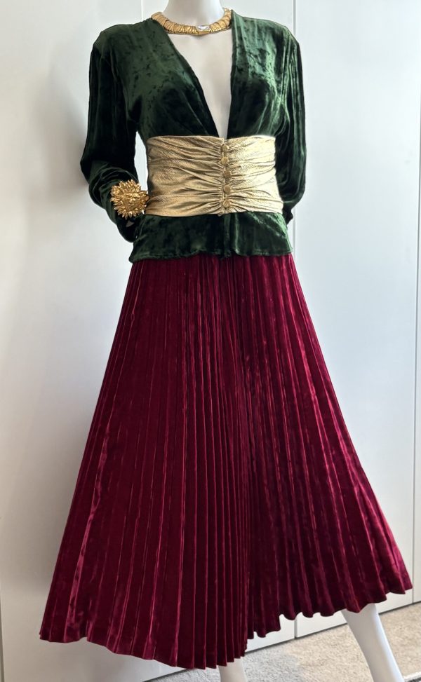 yves saint laurent vintage russian collection moire velvet skirt suit & gold metallic belt 1985