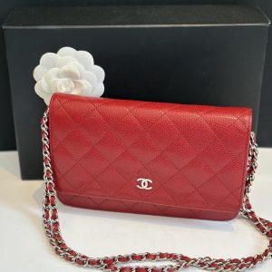 chanel red quilted caviar wallet on chain classic woc bag c.2015