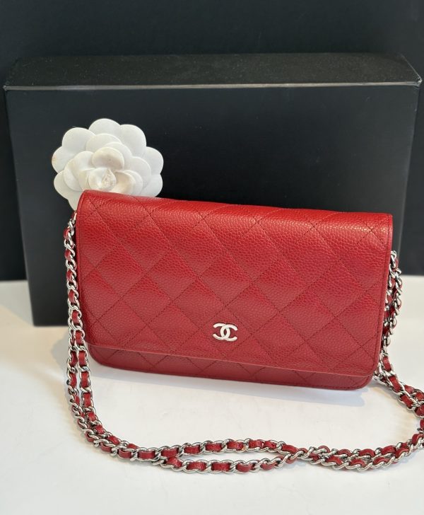 chanel red quilted caviar wallet on chain classic woc bag c.2015