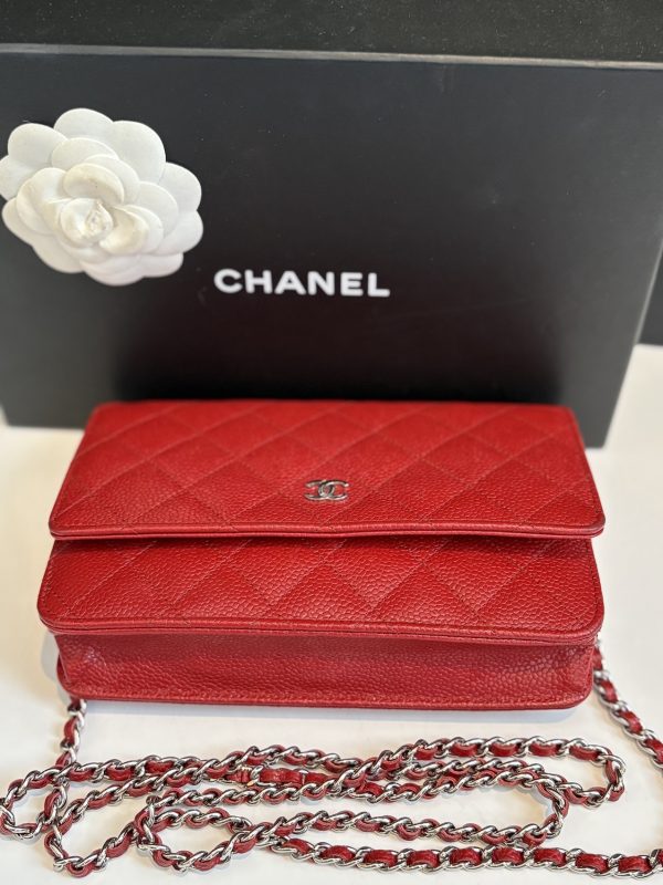 chanel red quilted caviar wallet on chain classic woc bag c.2015