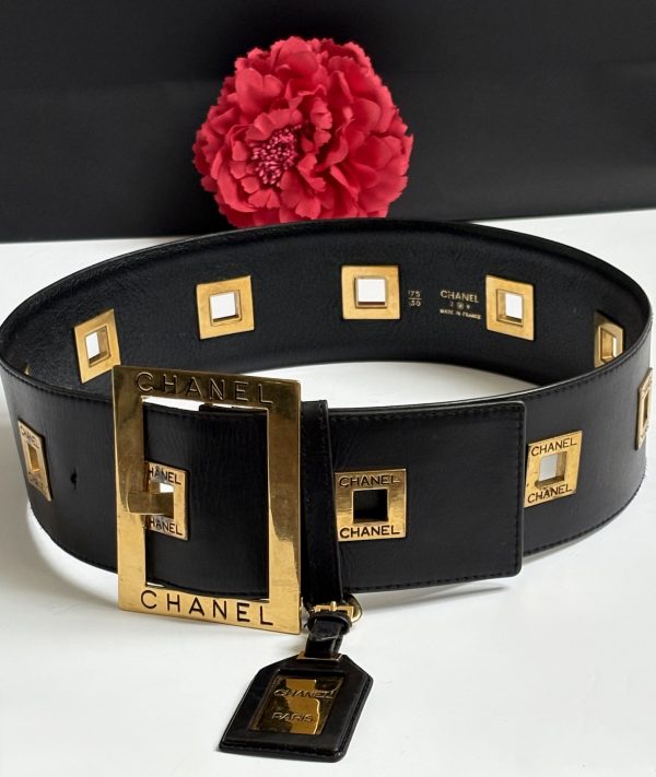 chanel vintage black & gold logo belt rare runway collection fall/winter 1992 1993