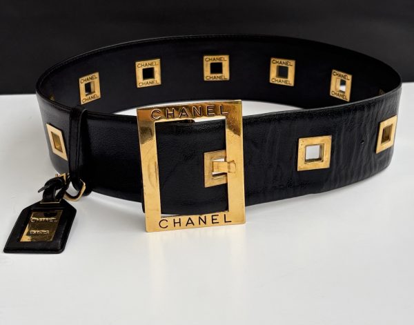 chanel vintage black & gold logo belt rare runway collection fall/winter 1992 1993