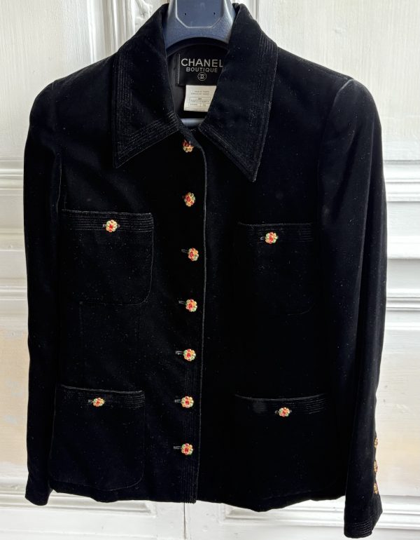 chanel vintage f/w 1996 runway black velvet jacket gold red green gripoix buttons 96a