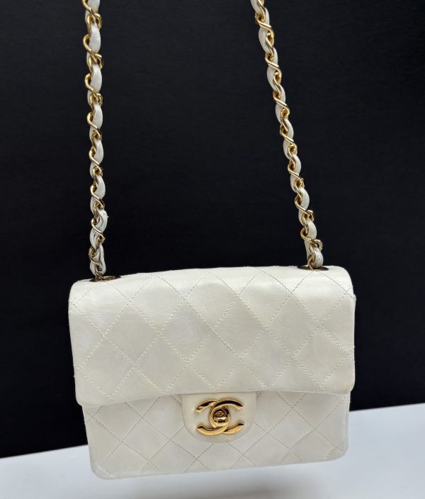 chanel vintage mini flap white classic lambskin quilted 24k c.1986 w/box